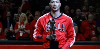 May 4, 2011; Chicago, IL, USA; Chicago Bulls point guard Derrick Rose (1) with the MVP trophy prior to the Chicago Bulls 86-73 victory over the Atlanta Hawks at the United Center. Mandatory credot-Icon Sportswire