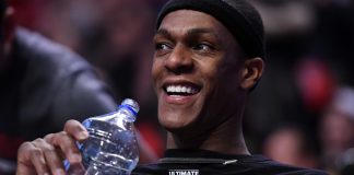 Apr 12, 2017; Chicago, IL, USA; Chicago Bulls guard Rajon Rondo (9) reacts during the second half against the Brooklyn Nets at the United Center. Chicago defeats Brooklyn 112-73. Mandatory Credit: Mike DiNovo-USA TODAY Sports