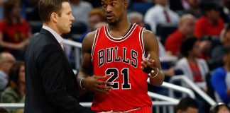 Jan 24, 2017; Orlando, FL, USA; Chicago Bulls head coach Fred Hoiberg talks with forward Jimmy Butler (21) against the Orlando Magic during the second quarter at Amway Center. Mandatory Credit: Kim Klement-USA TODAY Sports