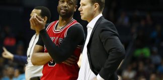 Mar 13, 2017; Charlotte, NC, USA; Chicago Bulls guard Dwyane Wade (3) talks with head coach Fred Hoiberg (R) during the second half against the Charlotte Hornets at Spectrum Center. The Bulls won 115-109. Mandatory Credit: Jeremy Brevard-USA TODAY Sports