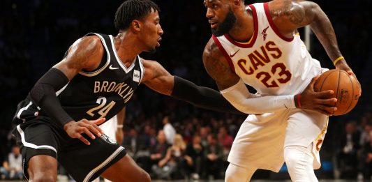 Oct 25, 2017; Brooklyn, NY, USA; Cleveland Cavaliers small forward LeBron James (23) controls the ball against Brooklyn Nets small forward Rondae Hollis-Jefferson (24) during the second quarter at Barclays Center. Mandatory Credit: Brad Penner-USA TODAY Sports