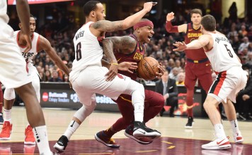 Jan 2, 2018; Cleveland, OH, USA; Cleveland Cavaliers guard Isaiah Thomas (3) drives to the basket against Portland Trail Blazers guard Shabazz Napier (6) during the first half at Quicken Loans Arena. Mandatory Credit: Ken Blaze-USA TODAY Sports